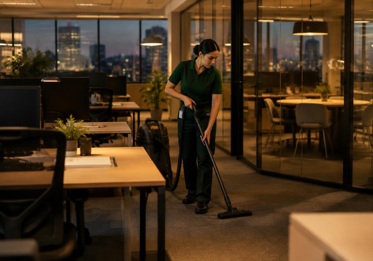 Cleaner vacuuming a modern open-plan office in the evening