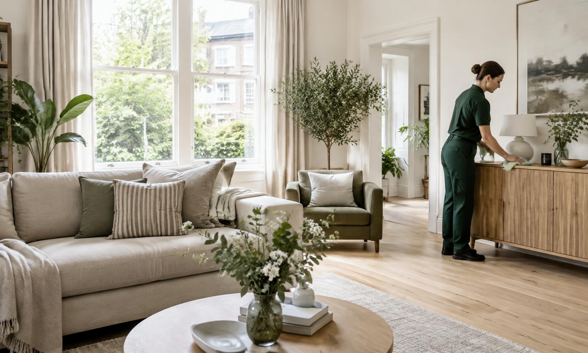 Bright, immaculate living room with a FreshNest cleaner dusting a sideboard in the background