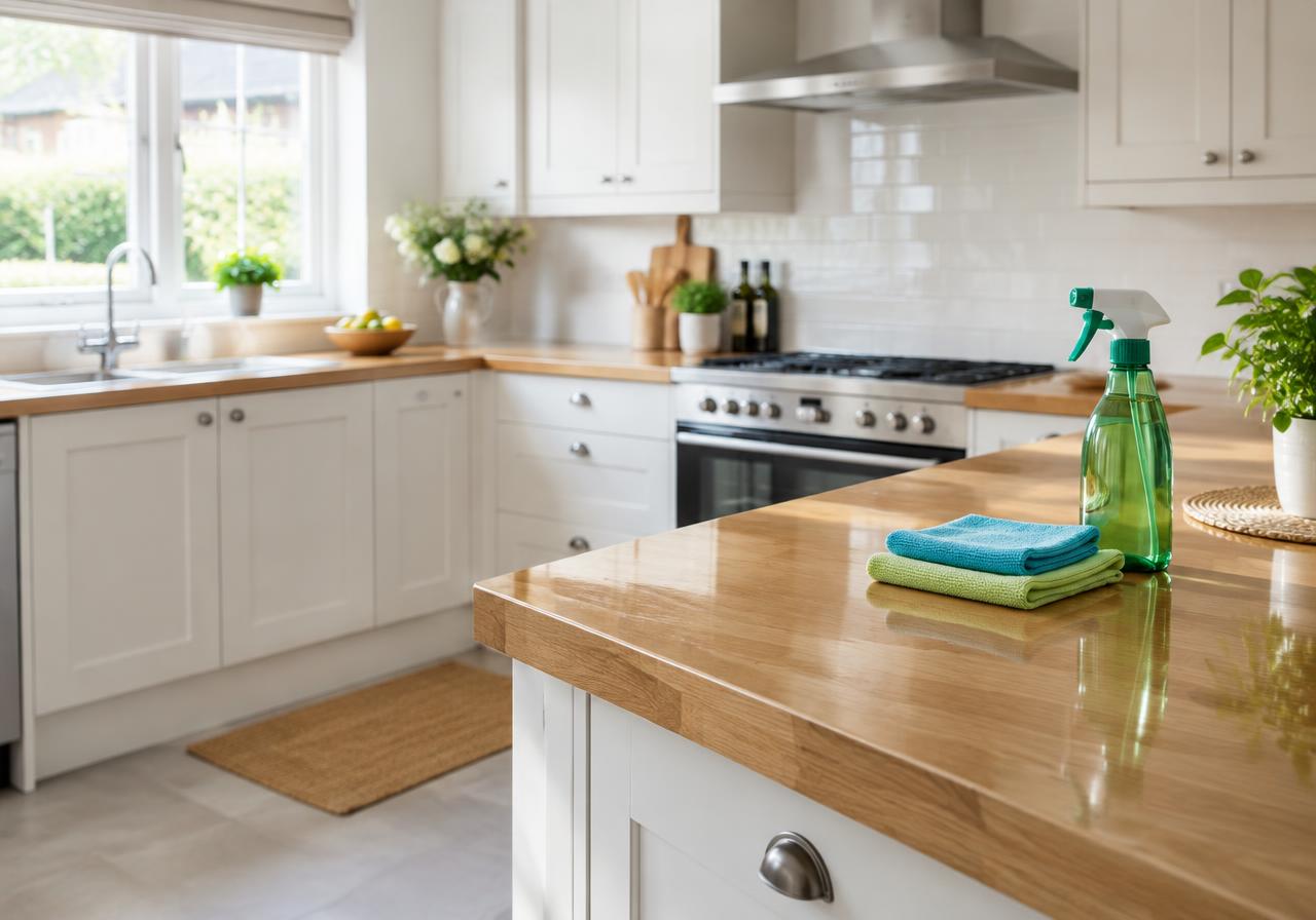 Spotless bright kitchen with folded microfibre cloths and a spray bottle on the worktop