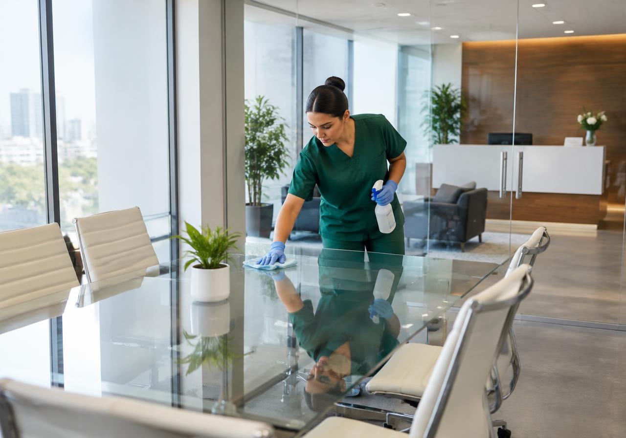 Cleaner in a green uniform wiping a glass meeting room table in a bright office